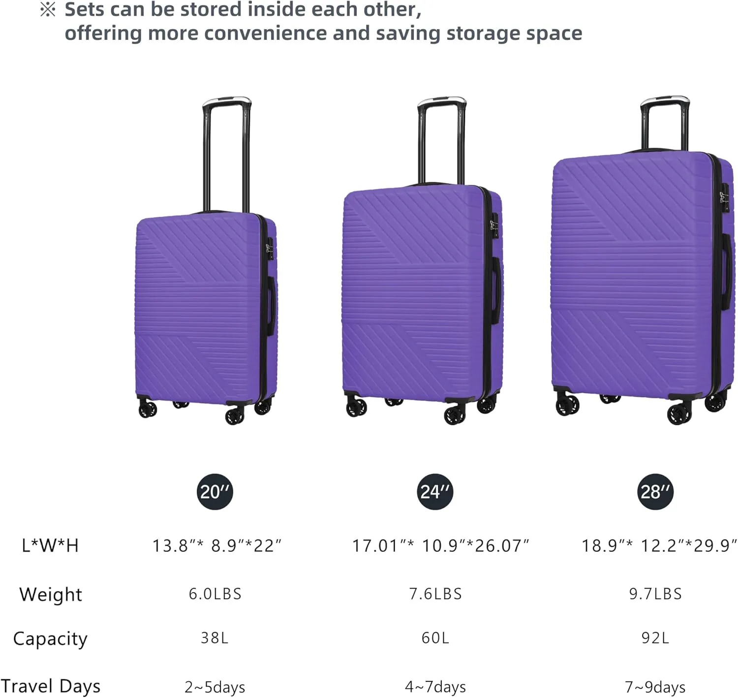3 Pcs Luggage Sets Expandable Hardshell Luggage Set for Men and Women Lightweight Travel Suitcase with Double Spinner Wheels and TSA Lock, 20''24''28'' Purple