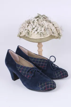 40s vintage style pumps in suede with colored stitches - Navy Blue - Edith
