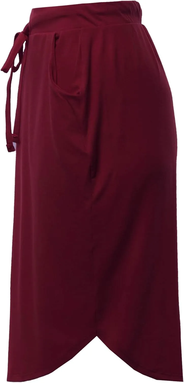 A2Y Women's Elastic Waist Self Tie Tulip Hem Side Pocket Skirt
