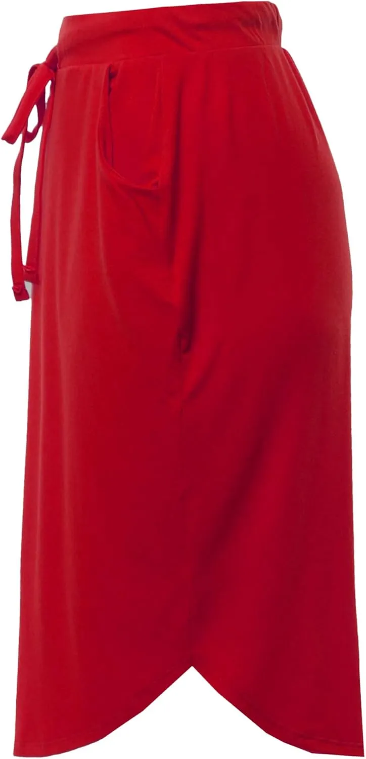 A2Y Women's Elastic Waist Self Tie Tulip Hem Side Pocket Skirt