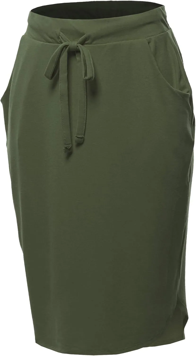A2Y Women's Elastic Waist Self Tie Tulip Hem Side Pocket Skirt
