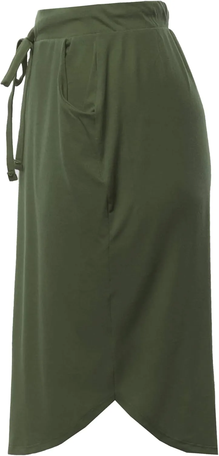 A2Y Women's Elastic Waist Self Tie Tulip Hem Side Pocket Skirt
