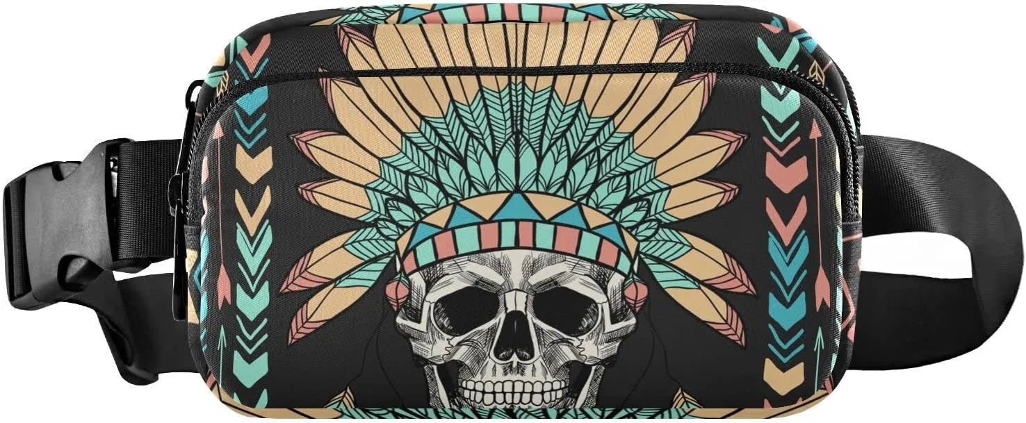 ALAZA Skull with Indian Feather Hat Belt Bag Waist Pack Pouch Crossbody Bag with Adjustable Strap for Men Women College Hiking Running Workout Travel