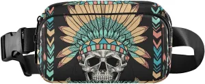 ALAZA Skull with Indian Feather Hat Belt Bag Waist Pack Pouch Crossbody Bag with Adjustable Strap for Men Women College Hiking Running Workout Travel