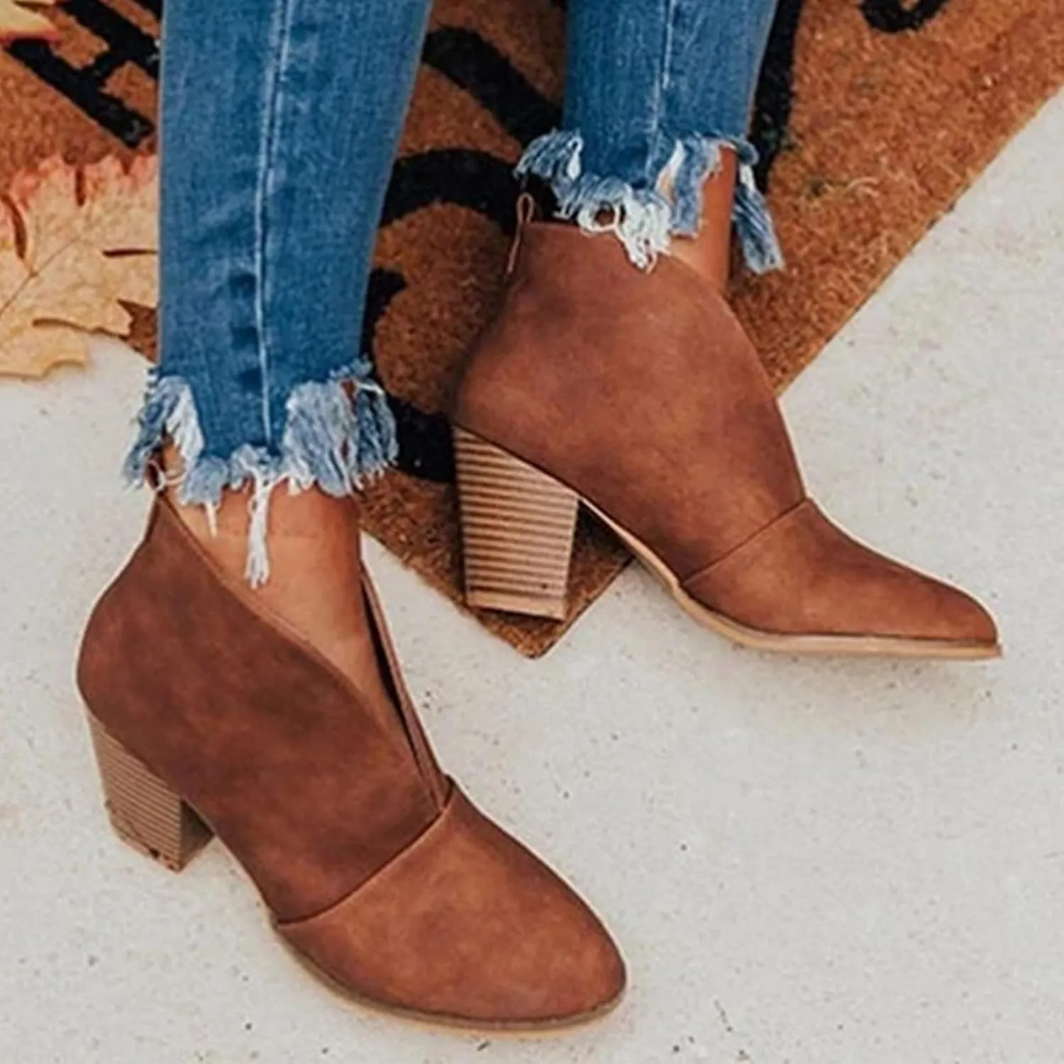 Ankle Boots for Women Wedge Arch Support Slip On Chunky Stacked Block Heel Ankle Booties Solid Suede Cut V Pull On Fashion Boots for Women Dressy Winter Fall Party
