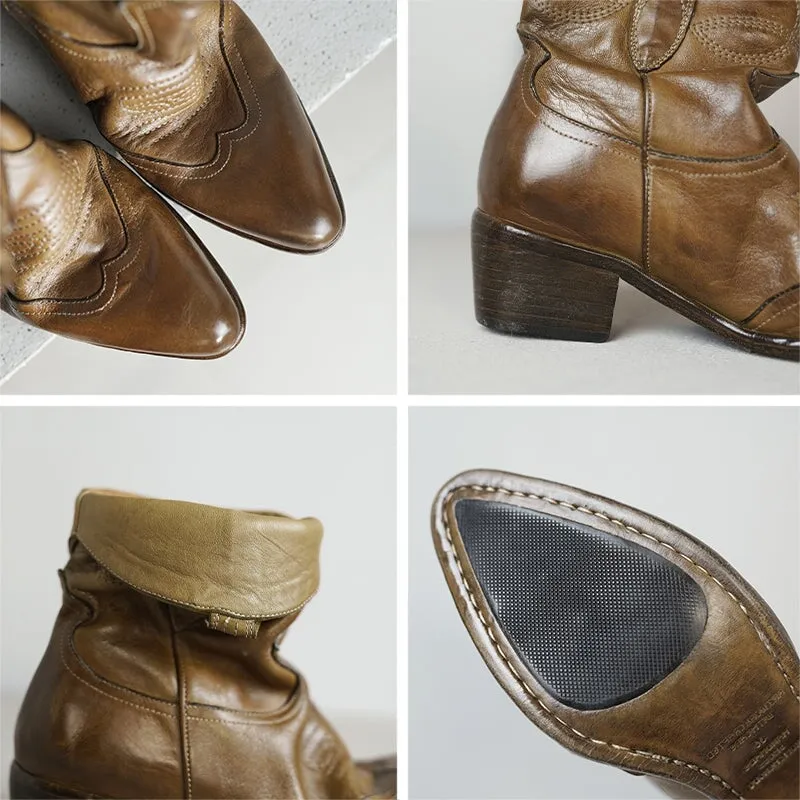 Autumn Horse Leather Western Boots Short Ankle Boots For Women In Black/Brown/Khaki