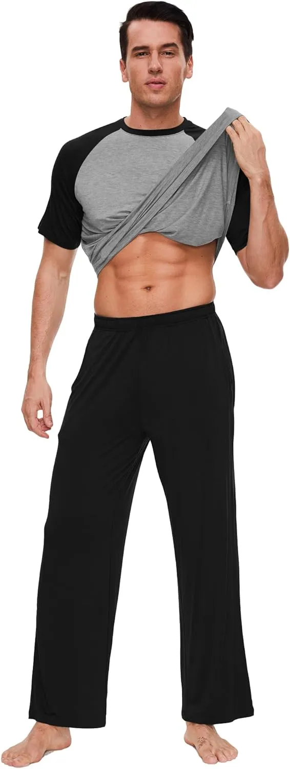 Bamboo Viscose Pajamas for Men Short Sleeve Top and Pants Pajama Set 2 Piece Sleepwear Loungewear Set