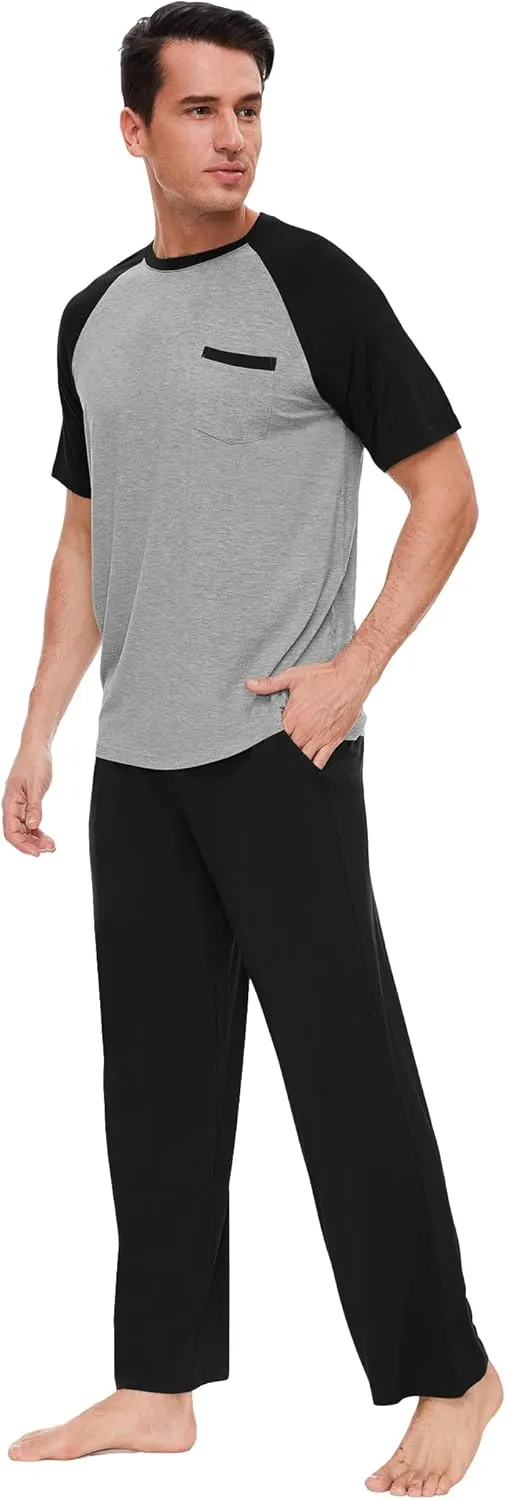 Bamboo Viscose Pajamas for Men Short Sleeve Top and Pants Pajama Set 2 Piece Sleepwear Loungewear Set