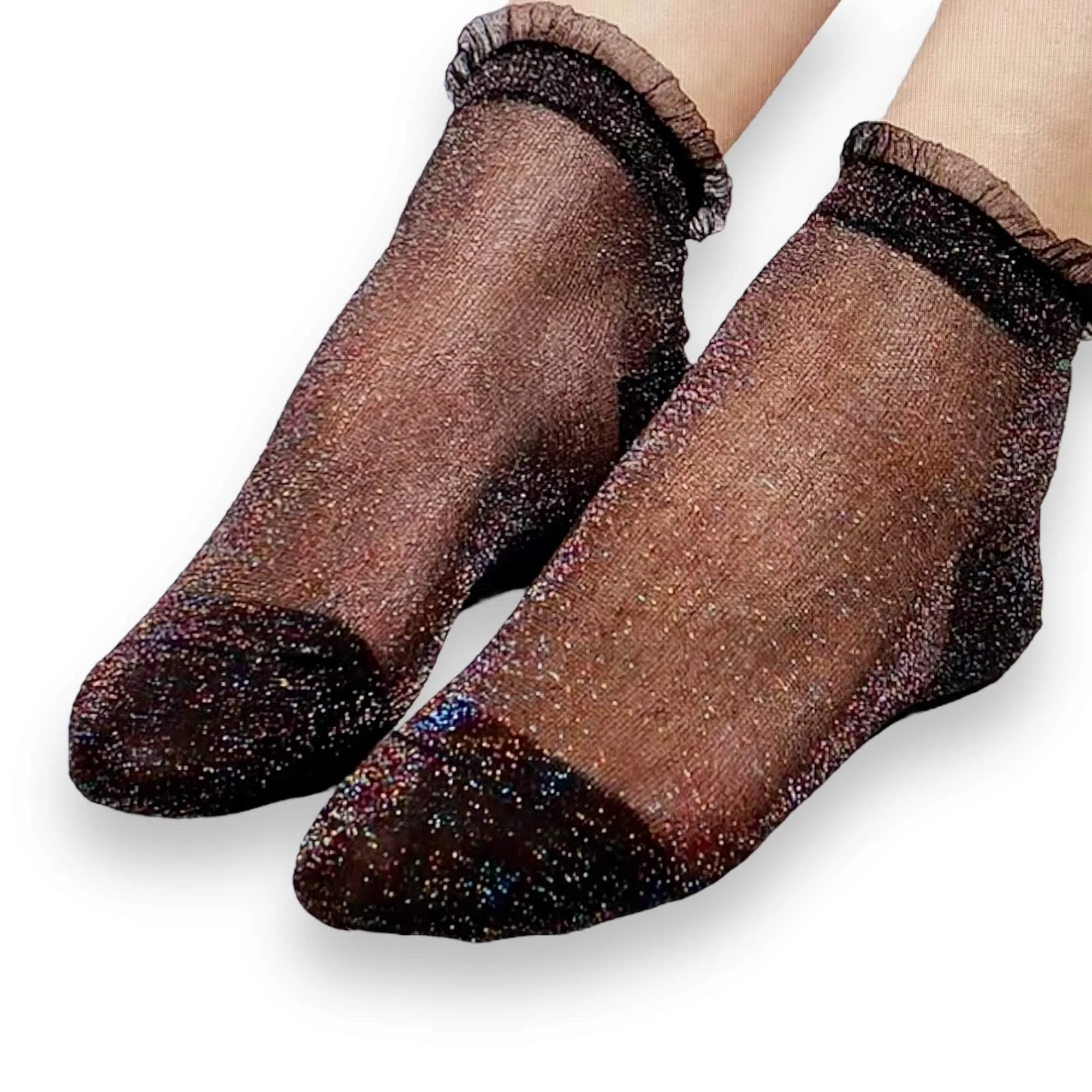 Black Nylon Red Glitter Ruffle Ankle Socks