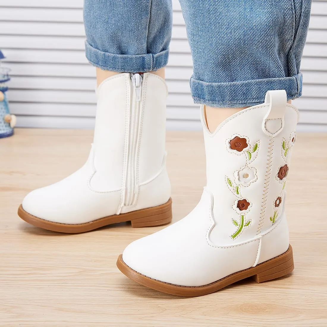 BMCiTYBM Toddler Girls Cowgirl Boots Little Kids Mid Calf Western Boots Flower Cowboy Boots Pointed Toe Riding Shoes