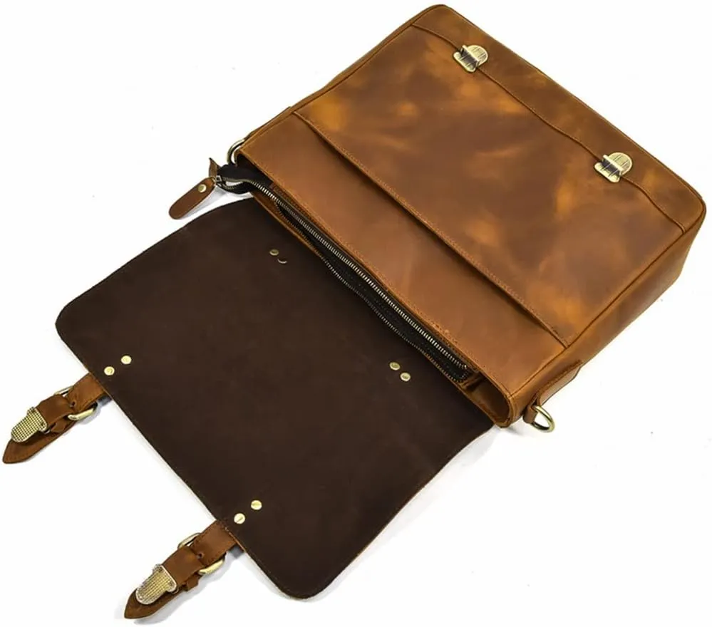 Briefcase Retro Leather Handbag Large Capacity Flap Shoulder Bag Layer Cowhide Commuter Bag