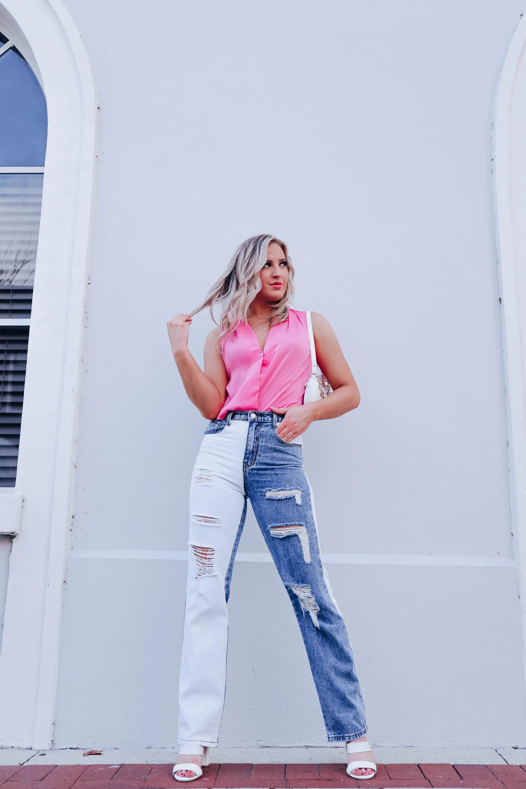 Cali High Rise Color Block Distressed Jeans