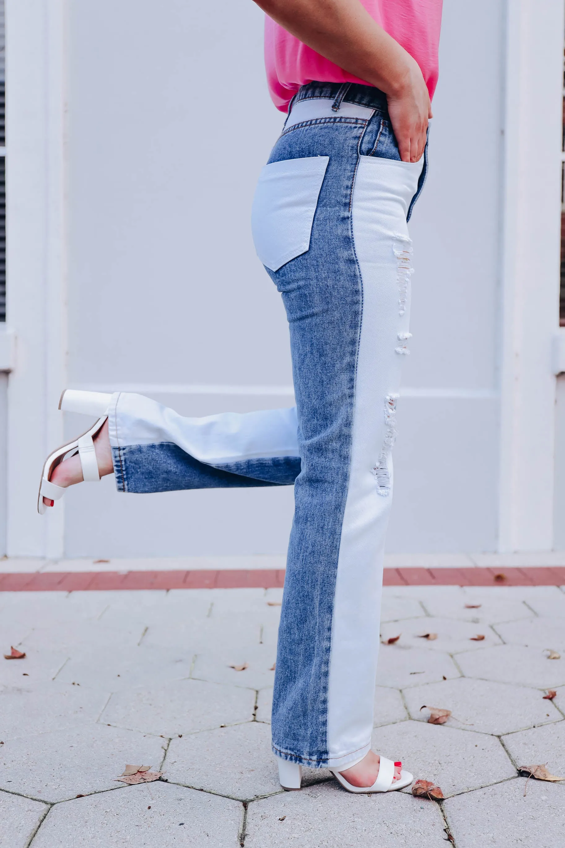 Cali High Rise Color Block Distressed Jeans