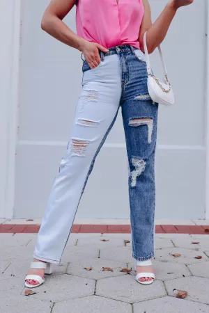 Cali High Rise Color Block Distressed Jeans