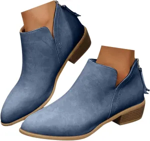 Cathalem Women's Ankle Boots Chunky Cutout Heel Pointed Toe Short Booties Shoes Ankle Booties Vintage Slip On Flat Short Boots Ladies Fashion Low Heel Boot Womens Casual Shoes