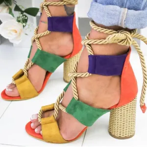 Chicvane Color Block Lace Up Sandals Open Toe Chunky Heeled Sandals