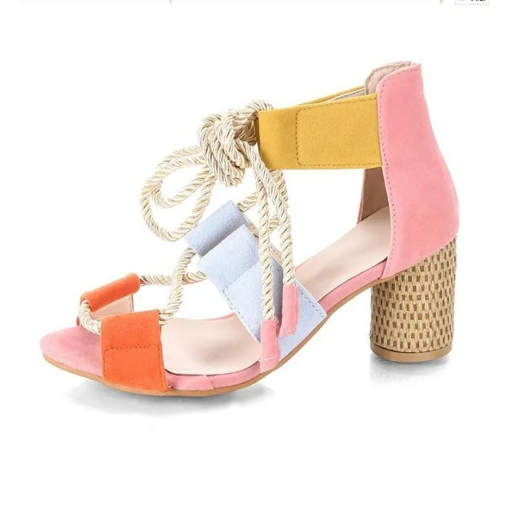 Chicvane Color Block Lace Up Sandals Open Toe Chunky Heeled Sandals