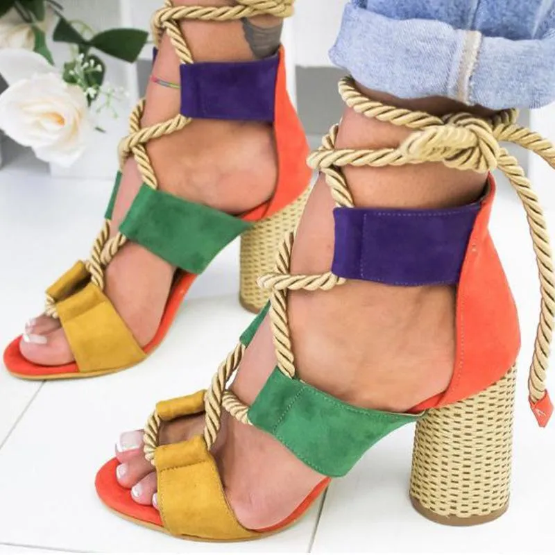 Chicvane Color Block Lace Up Sandals Open Toe Chunky Heeled Sandals