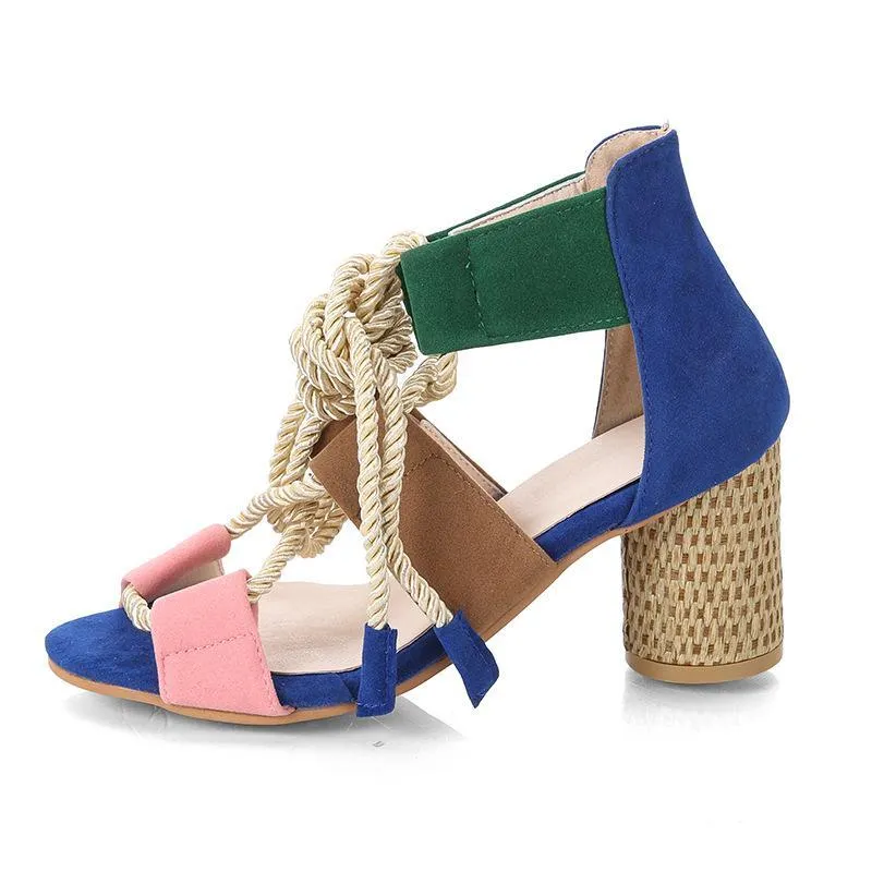 Chicvane Color Block Lace Up Sandals Open Toe Chunky Heeled Sandals