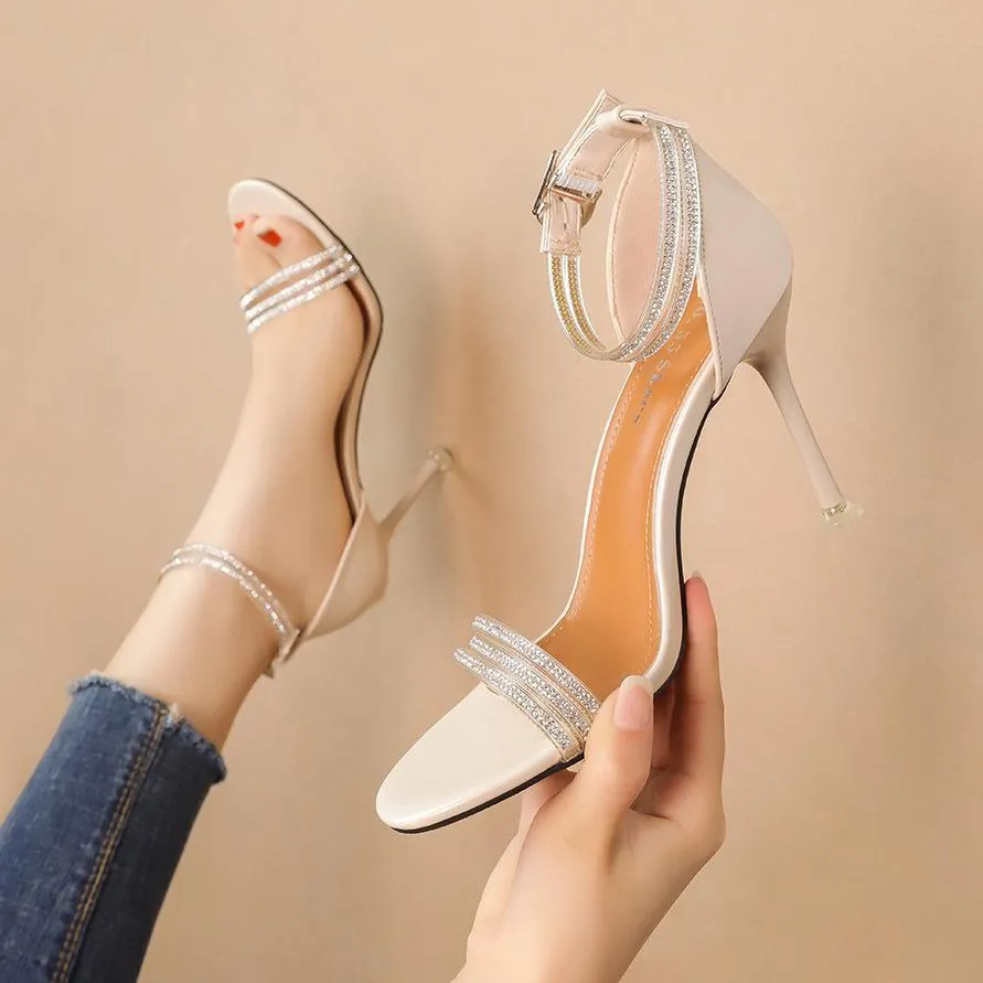 Chicvane Open Toe Stiletto Heel Sandals with Rhinestones Buckle