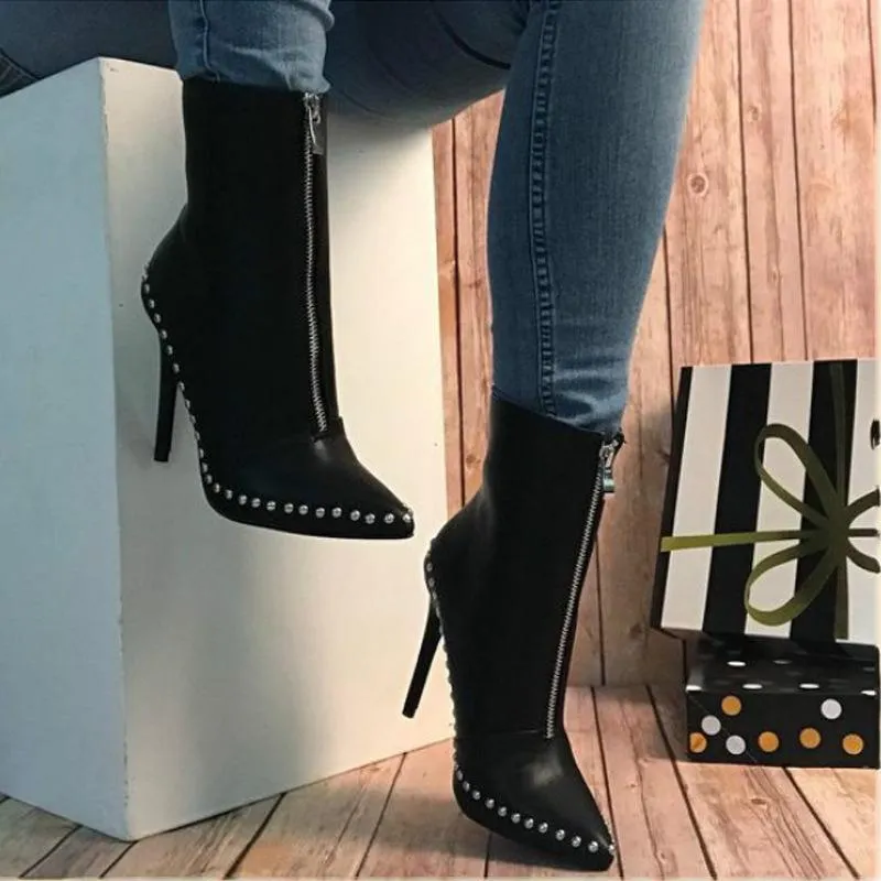 Chicvane Rivet Pointed Toe Stiletto Heel Zipper Closure Mid Calf Boots For Girls