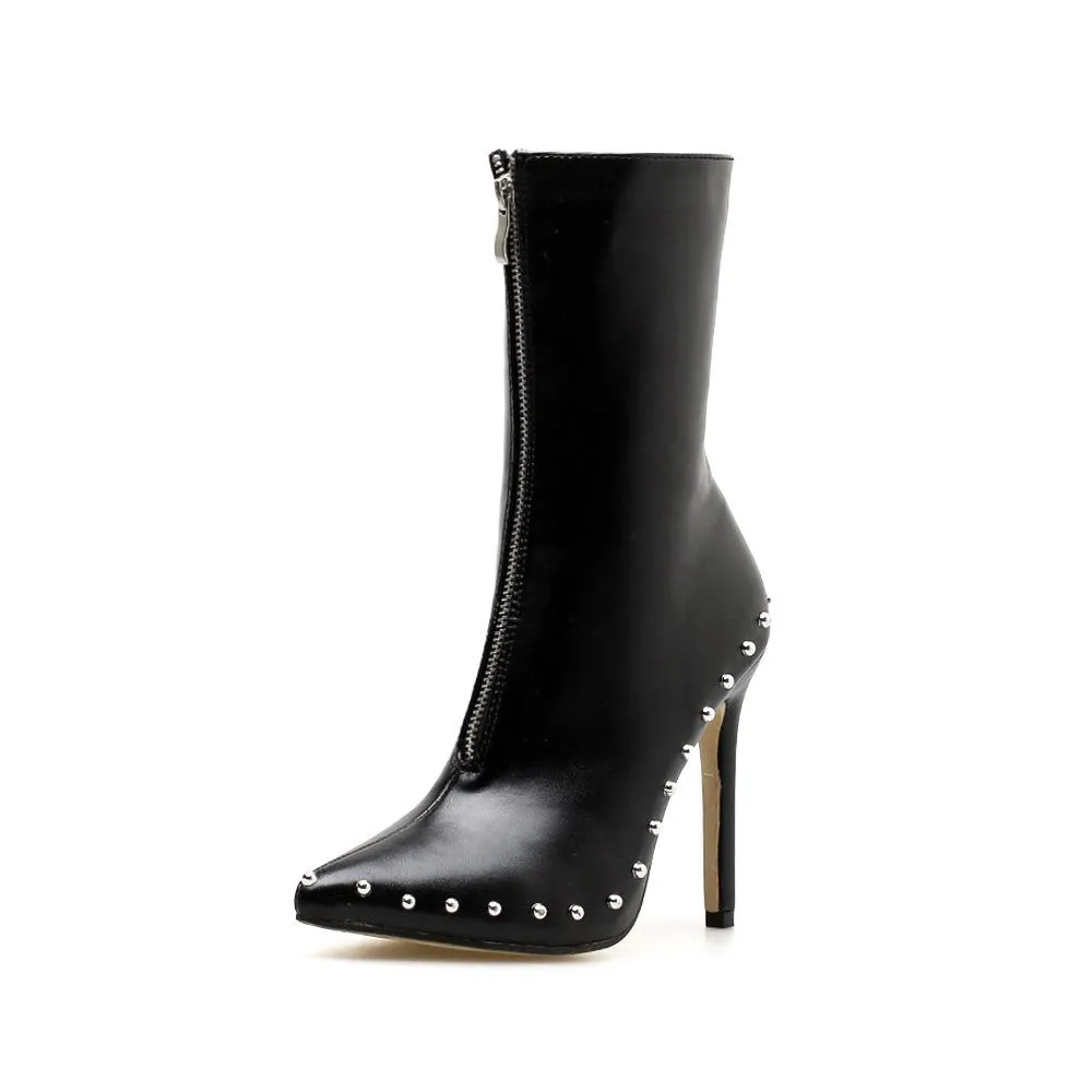 Chicvane Rivet Pointed Toe Stiletto Heel Zipper Closure Mid Calf Boots For Girls