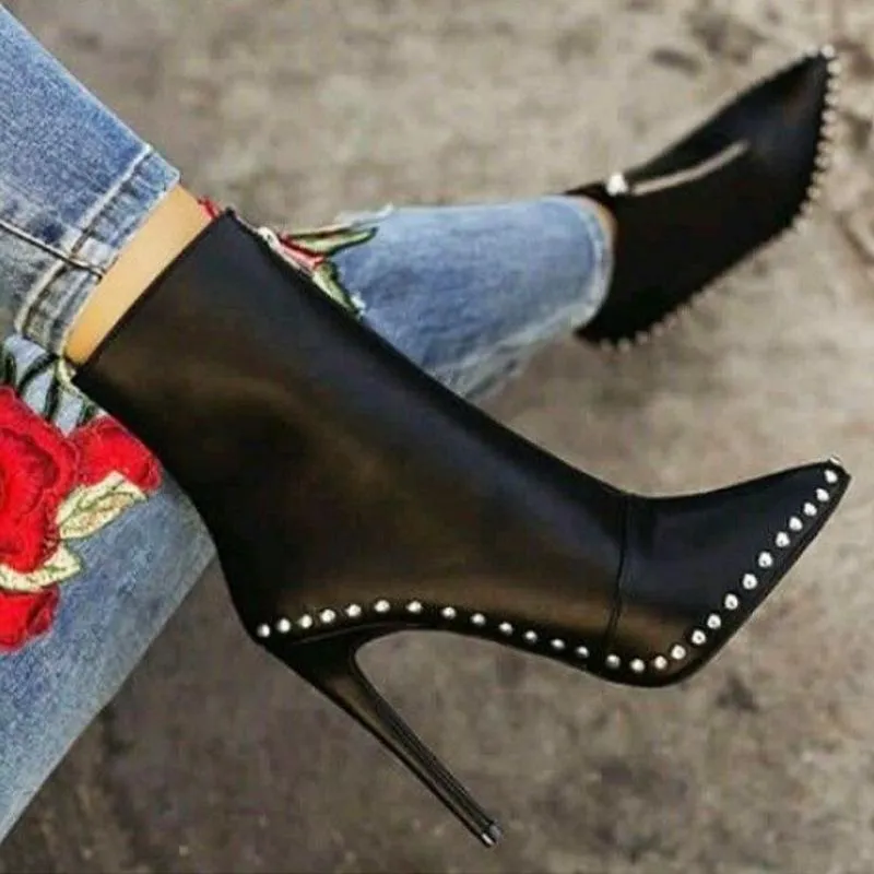 Chicvane Rivet Pointed Toe Stiletto Heel Zipper Closure Mid Calf Boots For Girls
