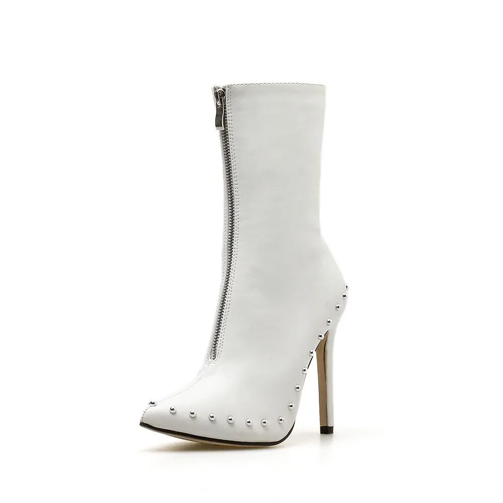 Chicvane Rivet Pointed Toe Stiletto Heel Zipper Closure Mid Calf Boots For Girls