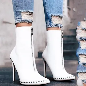 Chicvane Rivet Pointed Toe Stiletto Heel Zipper Closure Mid Calf Boots For Girls