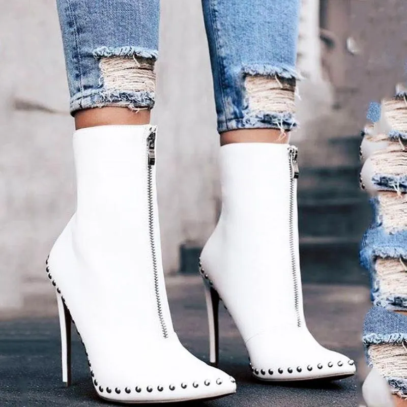 Chicvane Rivet Pointed Toe Stiletto Heel Zipper Closure Mid Calf Boots For Girls