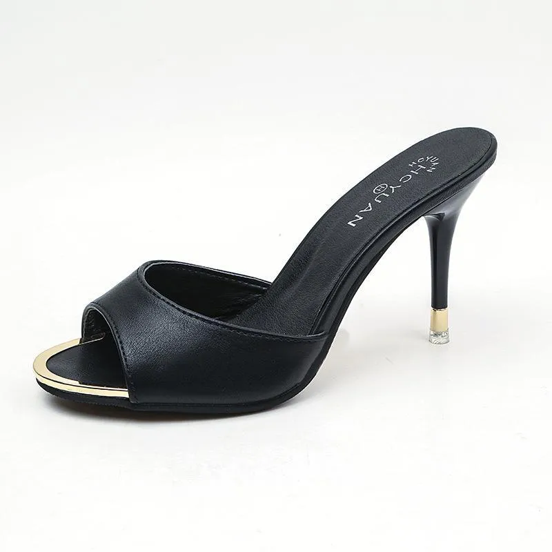 Chicvane Solid Color Block Mules Fine Heel Slides Shoes