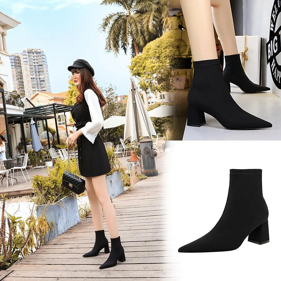 Chicvane Womens Suede Elastic Pointed Toe Chunky Heel Ankle Boots