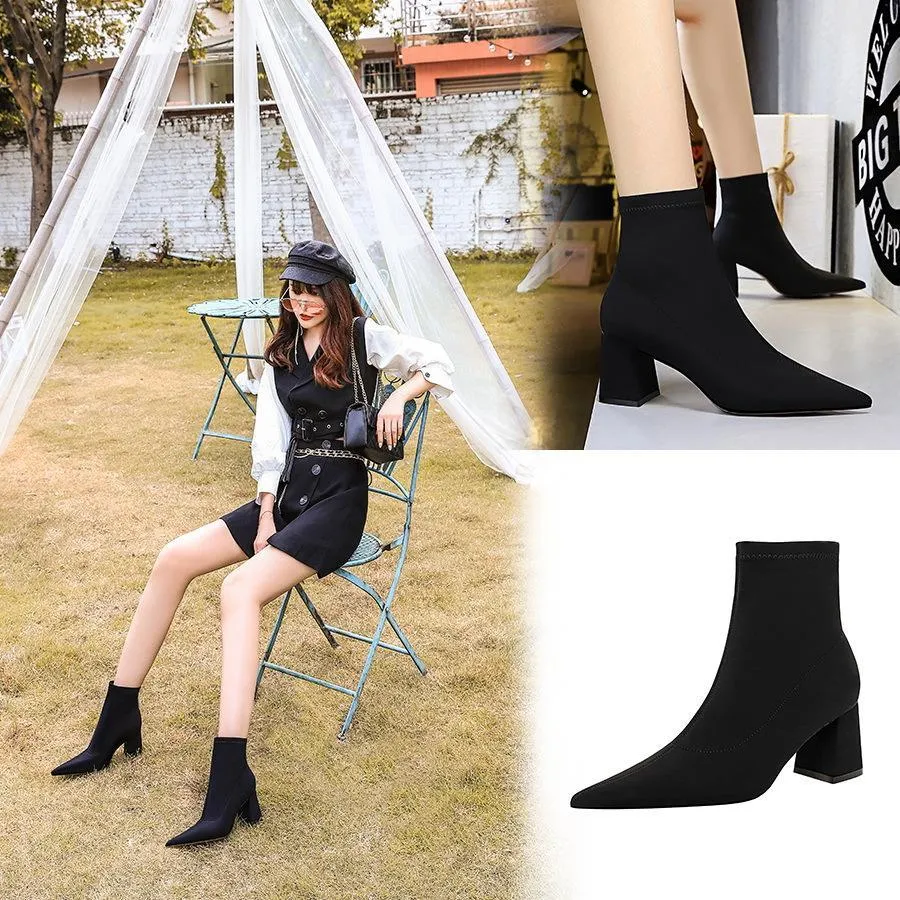Chicvane Womens Suede Elastic Pointed Toe Chunky Heel Ankle Boots