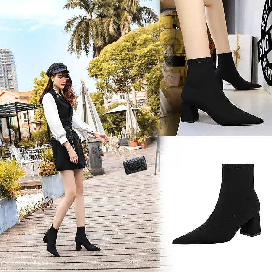 Chicvane Womens Suede Elastic Pointed Toe Chunky Heel Ankle Boots