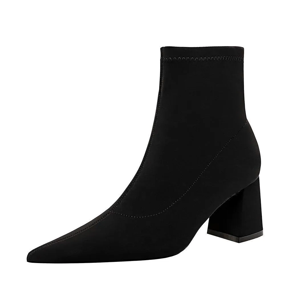 Chicvane Womens Suede Elastic Pointed Toe Chunky Heel Ankle Boots