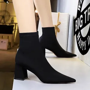 Chicvane Womens Suede Elastic Pointed Toe Chunky Heel Ankle Boots