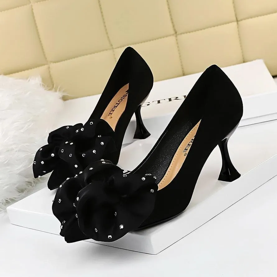 Chicvane Womens Suede Rhinestone Flower Kitten Heels Pointed Toe Dress Shoes