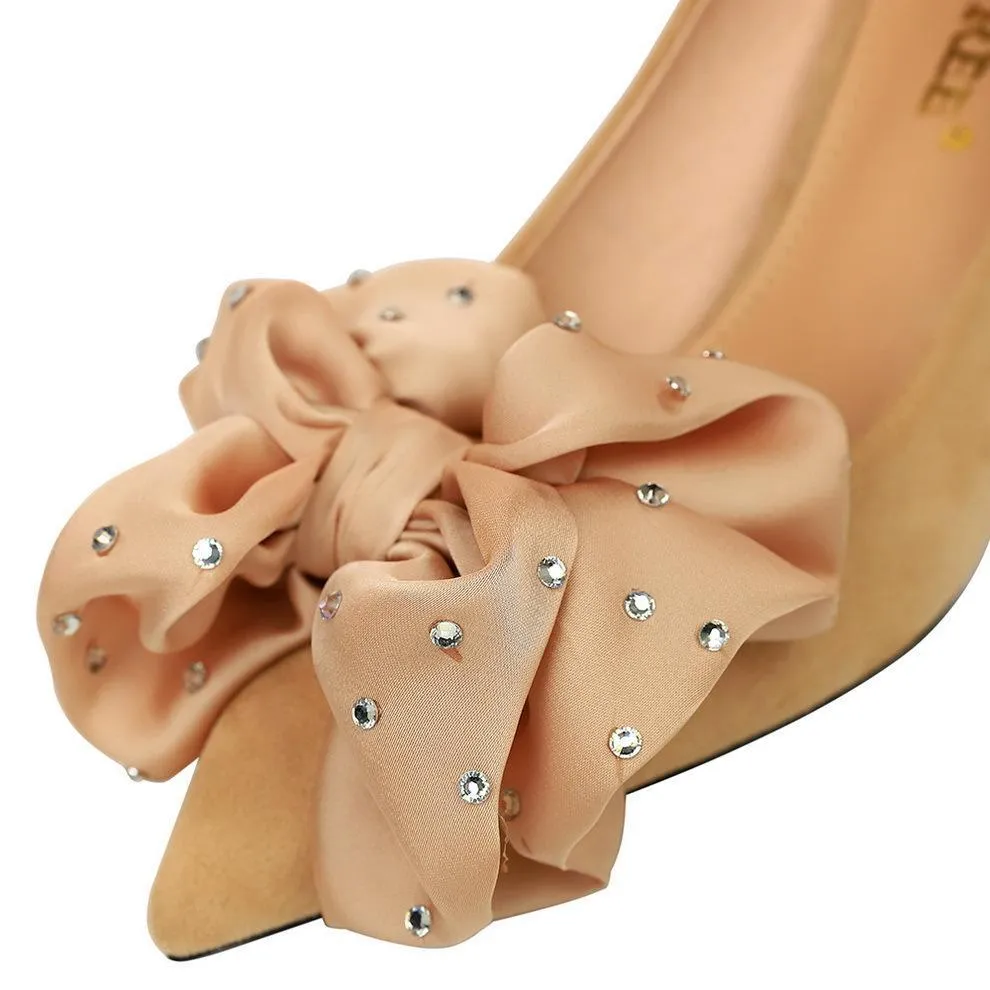 Chicvane Womens Suede Rhinestone Flower Kitten Heels Pointed Toe Dress Shoes