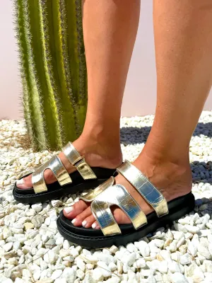 Comfort Is Key - Gold Faux Leather Croc Sandals