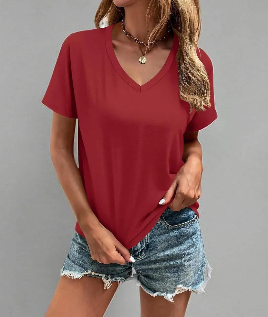 Cosonsen Women's Tops V-Neck Short Sleeve Tshirts Tees Casual Summer Top