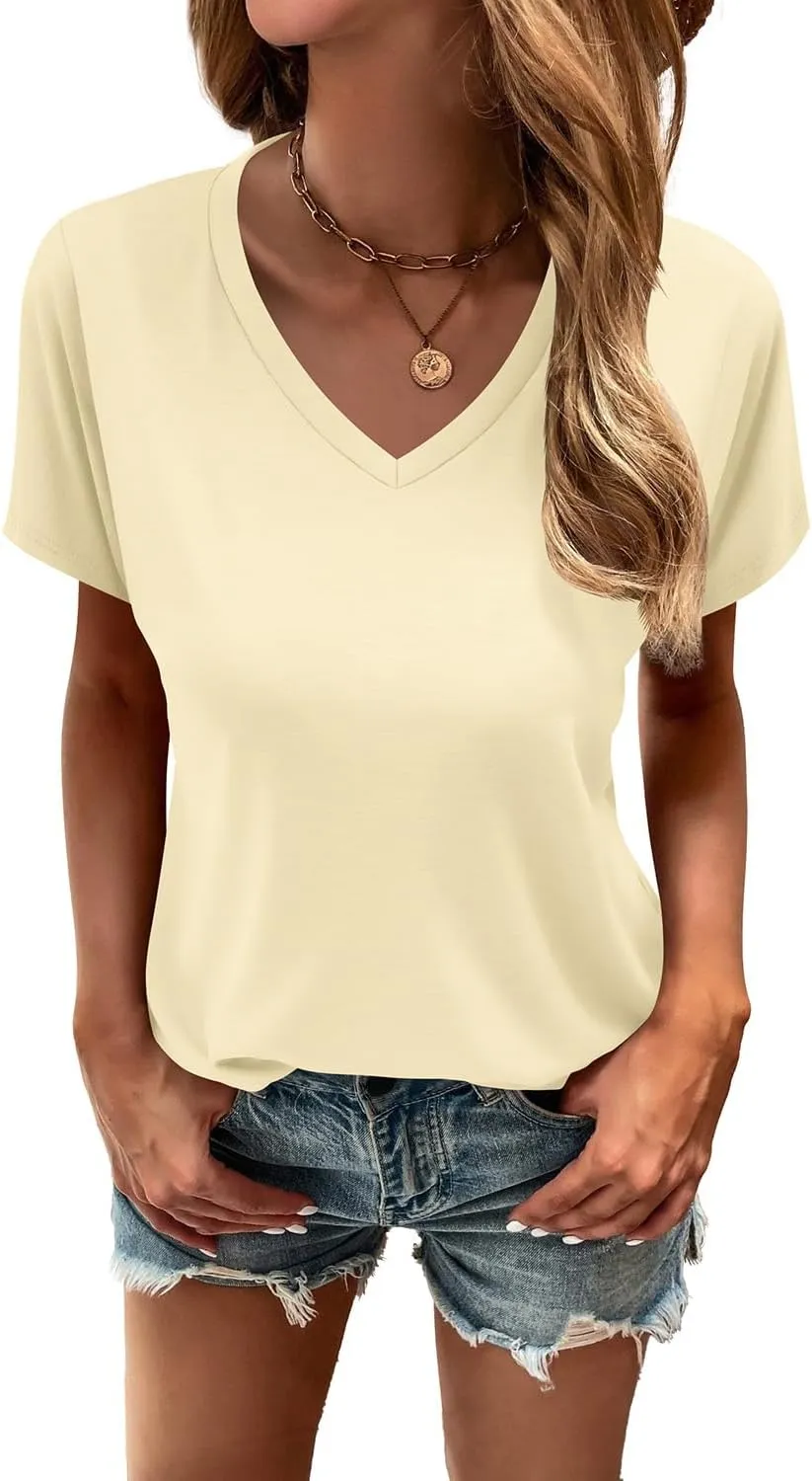 Cosonsen Women's Tops V-Neck Short Sleeve Tshirts Tees Casual Summer Top
