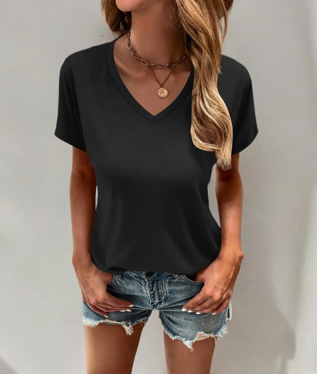 Cosonsen Women's Tops V-Neck Short Sleeve Tshirts Tees Casual Summer Top