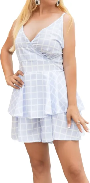 Curve Muse Women's Printed Warp-Front Romper Waist Sash Tie Double Layer Ruffle