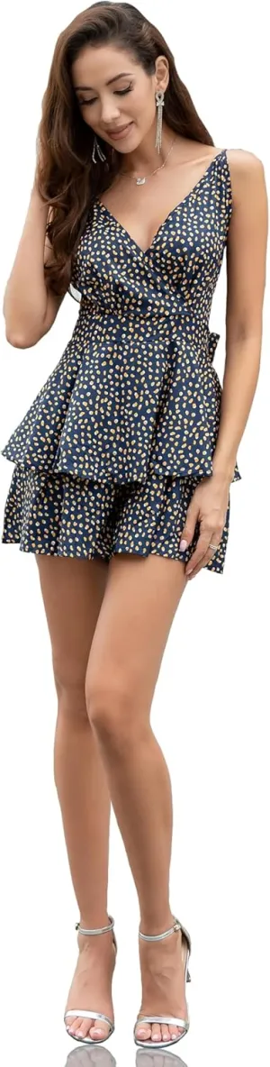 Curve Muse Women's Printed Warp-Front Romper Waist Sash Tie Double Layer Ruffle