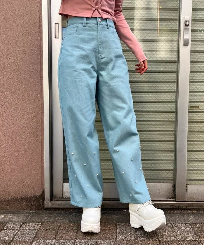 Denim Pants with Pearl Fasteners