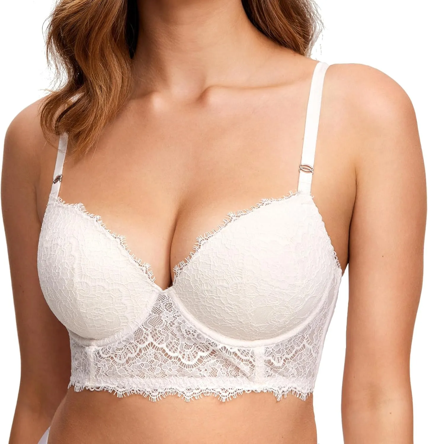 DOBREVA Women's Lace Bralette Corset Bra Longline Bustier Padded Full Coverage Underwire Top