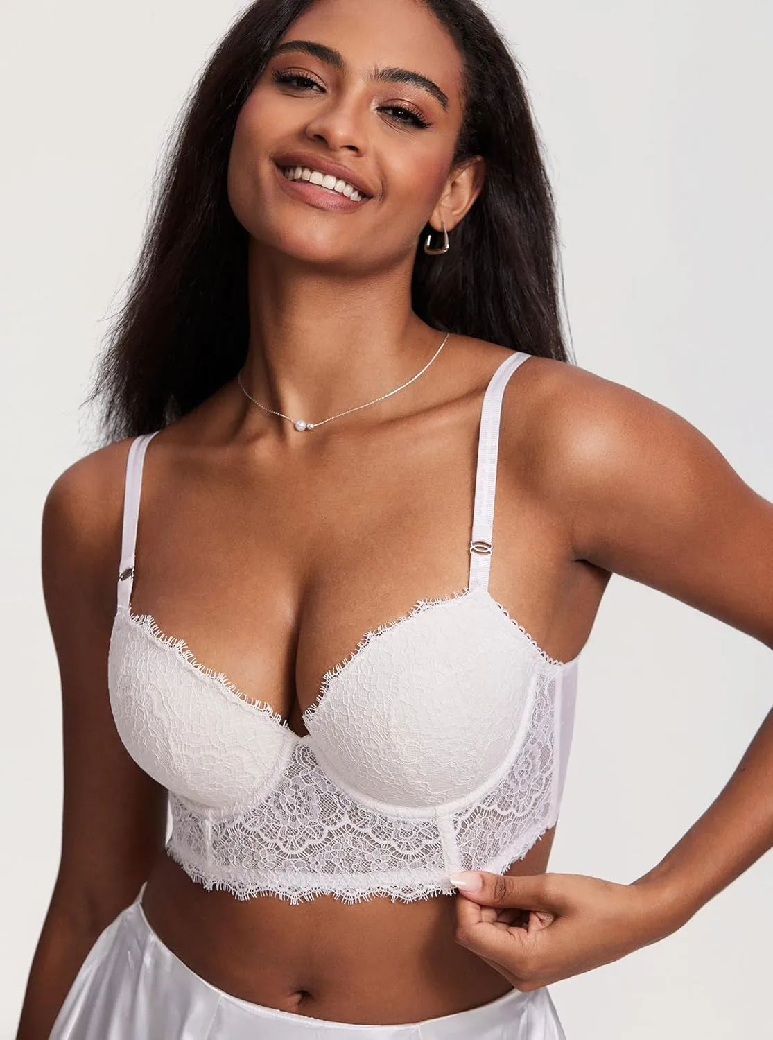 DOBREVA Women's Lace Bralette Corset Bra Longline Bustier Padded Full Coverage Underwire Top