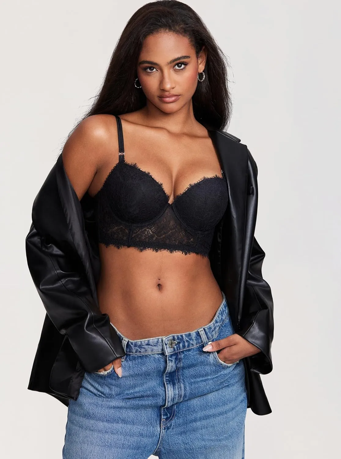 DOBREVA Women's Lace Bralette Corset Bra Longline Bustier Padded Full Coverage Underwire Top