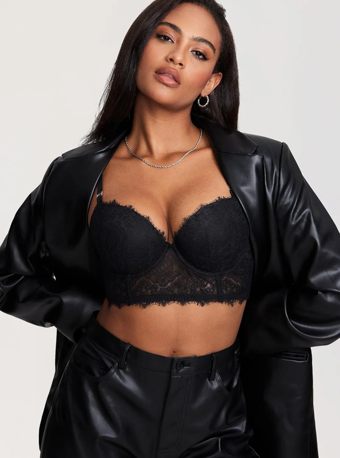 DOBREVA Women's Lace Bralette Corset Bra Longline Bustier Padded Full Coverage Underwire Top