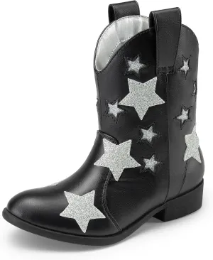 DREAM PAIRS Girls Cowgirl Boots Mid Calf Glitter Cowboy Western Boots Toddler Girls Star Riding Shoes